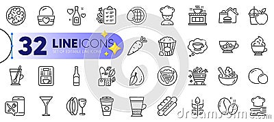 Outline set of Coffee shop, Cooking chef and Takeaway coffee line icons. For web app. Vector Stock Photo