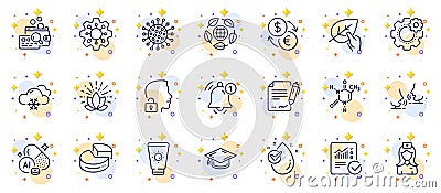 Outline set of Cogwheel, Unlock system and Sunscreen line icons for web app. Pictogram icon. Vector Vector Illustration