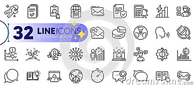 Outline set of Consumption growth, Talk bubble and Calculator alarm line icons. For web app. Vector Stock Photo