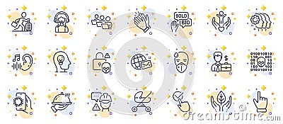 Outline set of Covid app, World mail and Sick man line icons for web app. Pictogram icon. Vector Vector Illustration