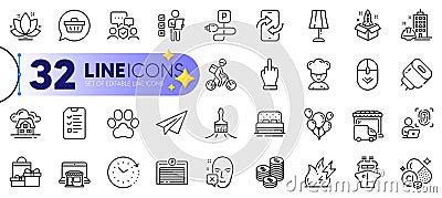 Outline set of Delivery truck, Balloons and Marketplace line icons. For web app. Vector Vector Illustration