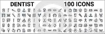 Outline set of dentist line icons. linear vector icons such as dentists drill tool,dentist tools,maxilla,holed tooth,implant Vector Illustration