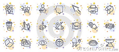 Outline set of Dice, Calories and Touchscreen gesture line icons for web app. Pictogram icon. Vector Vector Illustration