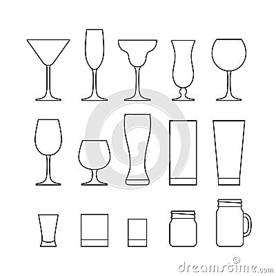Outline set of different alcohol glasses. Line icon set. Flat Vector Illustration