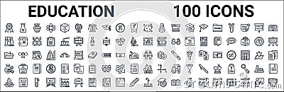 Outline set of education line icons. linear vector icons such as experiment flask with leaves,three books,square root in class, Vector Illustration