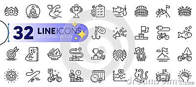 Outline set of Electric bike, Fishing and Laureate line icons. For web app. Vector Vector Illustration