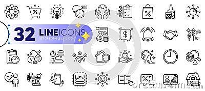 Outline set of Execute, Vanadium mineral and Time line icons. For web app. Vector Vector Illustration