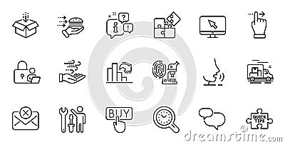 Outline set of Fingerprint research, Reject mail and Buying line icons for web application. For design. Vector Vector Illustration