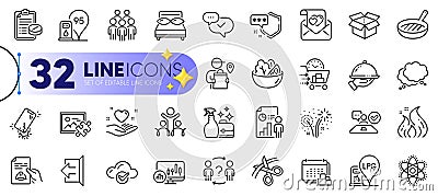 Outline set of Food delivery, Chemistry atom and Technical documentation line icons. For web app. Vector Vector Illustration