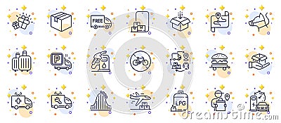 Outline set of Gas cylinder, Get box and Delivery plane line icons for web app. Pictogram icon. Vector Stock Photo
