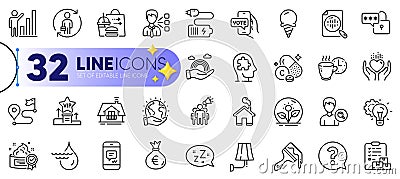 Outline set of Graph chart, Money bag and Hold heart line icons. For web app. Vector Vector Illustration