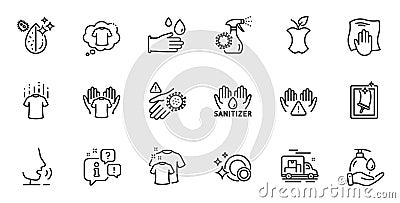 Outline set of Hand sanitizer, Organic waste and Hold t-shirt line icons for web application. For design. Vector Vector Illustration