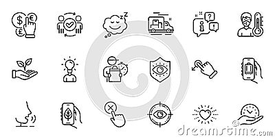 Outline set of Heart, Safe time and Baggage app line icons for web application. For design. Vector Stock Photo