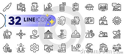 Outline set of Inspect, Report timer and Waterproof mattress line icons. For web app. Vector Vector Illustration
