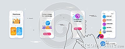 Outline set of Internet warning, Food delivery and Atom line icons for web application. For design. Vector Vector Illustration