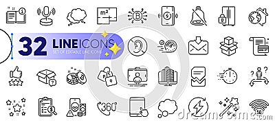 Outline set of Locks, Selfie stick and Renewable power line icons. For web app. Vector Vector Illustration
