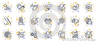 Outline set of Medical flight, Coronavirus vaccine and Heart beat line icons for web app. Pictogram icon. Vector Stock Photo