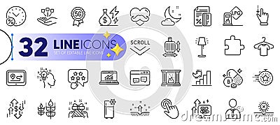 Outline set of No sun, Online statistics and Scroll down line icons. For web app. Vector Stock Photo