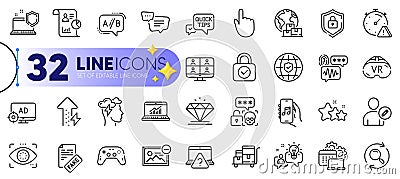 Outline set of Online question, Attention and Diamond line icons. For web app. Vector Stock Photo