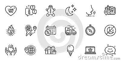 Outline set of Online shopping, Smile chat and Calendar discounts line icons for web application. For design. Vector Vector Illustration