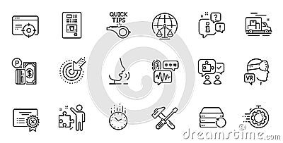 Outline set of Puzzle, Reject certificate and Tutorials line icons for web application. For design. Vector Vector Illustration