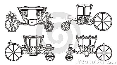 Outline set of Royal horse chariot, carriages Vector Illustration