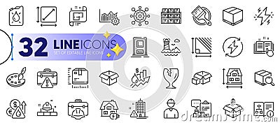 Outline set of Send box, Warning briefcase and Search package line icons. For web app. Vector Vector Illustration