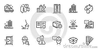 Outline set of Skyscraper buildings, Technical info and Delivery timer line icons for web application. Vector Vector Illustration