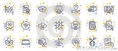Outline set of Smile, Protection shield and Power line icons for web app. Pictogram icon. Vector Vector Illustration