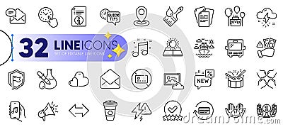 Outline set of Squad, Quick tips and Lightning bolt line icons. For web app. Vector Vector Illustration