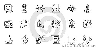 Outline set of Teamwork, Crowdfunding and Voice wave line icons for web application. For design. Vector Vector Illustration