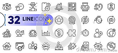 Outline set of Timer, Teamwork chart and Loan percent line icons. For web app. Vector Vector Illustration