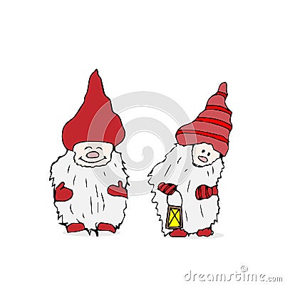 Outline set of Trolls gnomes with beards and long hats. Cartoon Illustration