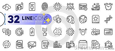 Outline set of Update comments, Chemistry dna and Fingerprint line icons. For web app. Vector Stock Photo