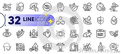 Outline set of Vegetable, Uv protection and Medical flight line icons. For web app. Vector Vector Illustration