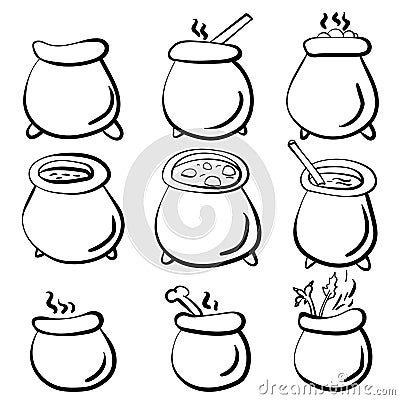 Outline set of witches cauldrons in doodle style, magical utensils for brewing potions Vector Illustration