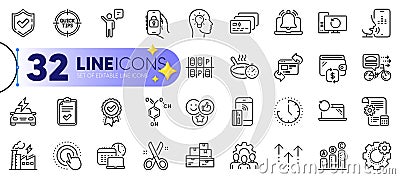 Outline set of Work time, Like and Team work line icons. For web app. Vector Stock Photo