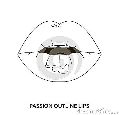 Outline passion lips, lipstick, erotic open mouth Vector Illustration