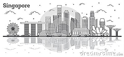 Outline Singapore City Skyline with Modern Buildings and Reflections Isolated on White Editorial Stock Photo