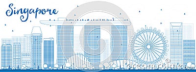 Outline Singapore skyline with blue landmarks. Cartoon Illustration