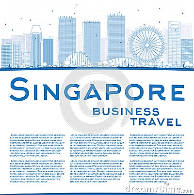 Outline Singapore skyline with blue landmarks and copy space. Cartoon Illustration