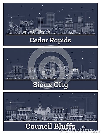 Outline Sioux City, Council Bluffs and Cedar Rapids Iowa USA Skyline Set Stock Photo