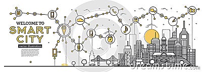 Outline Smart City Skyline Panorama. Networks and Internet of Things Icons Stock Photo