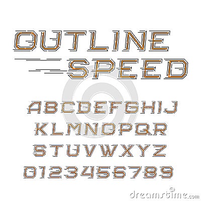 Outline speed alphabet font. Oblique letters and numbers in line style. Vector Illustration