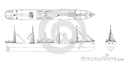 Outline steamer drawing. Contour steamship industrial blueprint. Old ship view: top, side and front. Isolated steamboat Vector Illustration