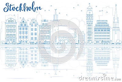 Outline Stockholm Skyline with Blue Buildings and Reflections. Stock Photo