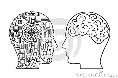 Outline stroke Machinery head of cyborg and the human one with the brain. Line style vector illustration. Vector Illustration