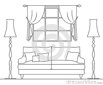 Outline style room. Living room with sofa and window. Vector linear illustration Vector Illustration