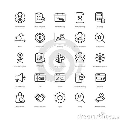 Outline style ui icons hard finance skill collection. Vector black linear icon illustration set. Project, professional, analysis Vector Illustration