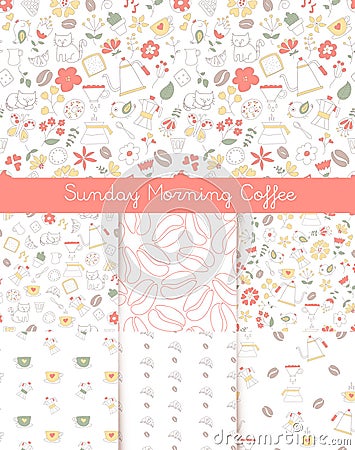 Outline sunday morning coffee seamless pattern collection Vector Illustration